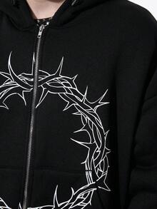 ROMWE MEN Goth Sudadera con capucha casual de manga larga con cremallera y cuello, con estampado gótico oscuro, para otoño - Negro - Ver 6