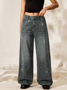 Easelle 时尚水洗水钻装饰阔腿牛仔裤 - 藍色 - 查看 9