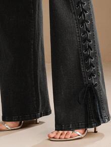 SHEIN X Jwoww Anewsta Women's New Fashion Design Side Bone Handmade Rope Black Denim Straight Leg Pants - Black - View 6