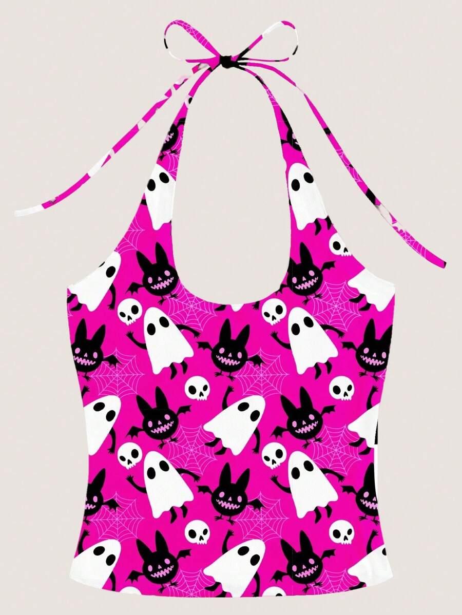 Shutterstock Women's Halter Neck Spaghetti Strap Fashion Summer Halloween Element Print Top Pink And Black Halloween Top Pink Ghost Top Halloween Rave Pink Rave Top Going Out Tops - Pink - View 1