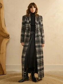 Arave Women's Plaid Material Wide Shoulder X-Shaped Suit Style Double-Breasted Pocket Flap Design Daily Commuting Mid-Length Coat Autumn Women's Business Casual Women's Plaid