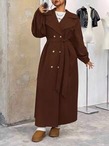 SHEIN EZwear Plus Size Plain Color Dual-Breasted Long Casual Trench Coat, Spring/Autumn Winter Fall