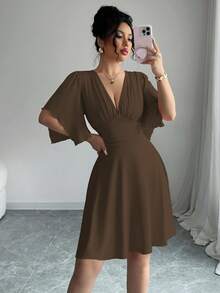Elenzga New V-Neck Ruched Bust Ruffled Sleeve Waist Cinched Elegant Mini Dress For Women, Flattering & Slimming - Brown - View 6