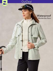 OutZeal 女式防水抽绳腰部翻盖口袋连帽户外外套徒步露营 - 綠色 - 查看 13