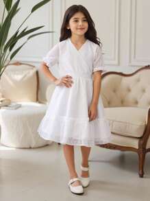 SHEIN Vestido Con Mangas Abullonadas Y Dobladillo Con Volantes Para Niñas En Edad Preadolescente Con Puntos Suizos - Blanco - Ver 7