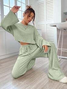 EURMUSE 2pcs Women Ribbed Cropped Top And Drawstring Waist Pants Set, Suitable For Spring And Autumn - Mint Green - View 6