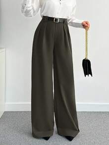 Pantaloni a vita alta a gamba ampia di colore unito per donna