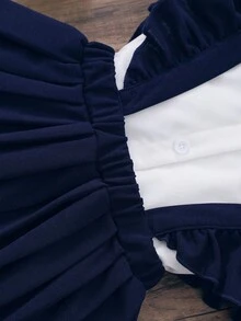 Girls' Navy Academic Style Cap Sleeve Collar Badge 3D Bowknot Shirt And Criss-Cross Flare Sleeve Pleated Suspender Skirt Set Cute School Clothes Uniform