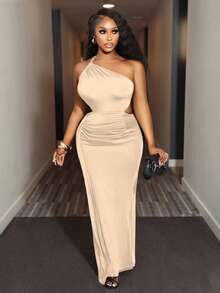 Mistrie 女式纯色无袖腰部镂空褶饰紧身连衣裙 - 卡其色 - 查看 3