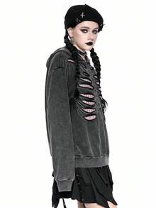 ROMWE Áo nỉ dài tay có mũ trùm đầu in hình đầu lâu khoét rỗng phong cách Gothic dành cho nữ, Halloween - Xám - Xem 8