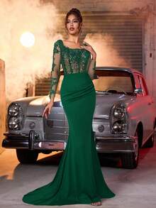 Glamrae Elegant Luxurious Beaded&Rhinestone Embellished Elastic Ruched Mermaid Skirt,Suitable For Weddings,Parties,Vacations,Galas,Formal Occasions - Dark Green - View 3