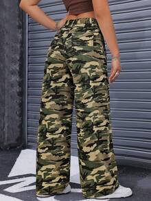 Jeanoix Camouflage Print Pocket Casual Versatile Wide Leg Jeans - Multicolor - View 2