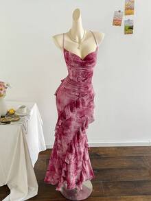 Soleia Women's Colorful Vintage Floral Print Draped Neck Layered Ruffle Hem Maxi Dress, Vacation Style Elegant Dress Women,White Dress For Civil Wedding ,Going Out Top ,Wedding Party Dress,Party Dress For Women,Elegant Party Dress,Christmas Dress ,Halloween Costume For Women, Winter Dress, Fall Women Clothes Rose Dress Orchid Dress Dinner Dress Ruffle Dress,Party