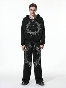 ROMWE MEN Goth Sudadera con capucha casual de manga larga con cremallera y cuello, con estampado gótico oscuro, para otoño - Negro - Ver 7