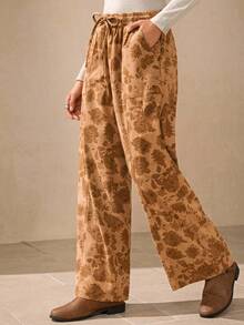 Wildy Vintage Straight Leg Casual Pants, American Western Country Style, New Arrival For Autumn Floral Print Pants Bohemian Pants Wide Leg Pants Corduroy Pants - Brown - View 1