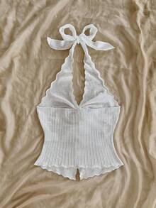 Soleia Fashionable Sexy Halter Neck Tie Knot Hem Slit Open Back Tank Top - Beige - View 2