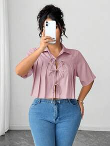 Elenzga Women's Pleated Bow Front Short Elegant Blouse - Pink - View 3