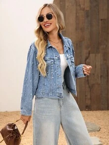 EMERY ROSE Casual Loose Front Button Pocket Long Sleeve Women Denim Jacket - Blue - View 3