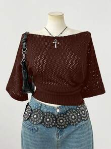 Sunspun 大码女式时尚优雅深色 Y2K 风格短袖针织上衣，适合春夏秋装，适合通勤 - 咖啡棕 - 查看 1
