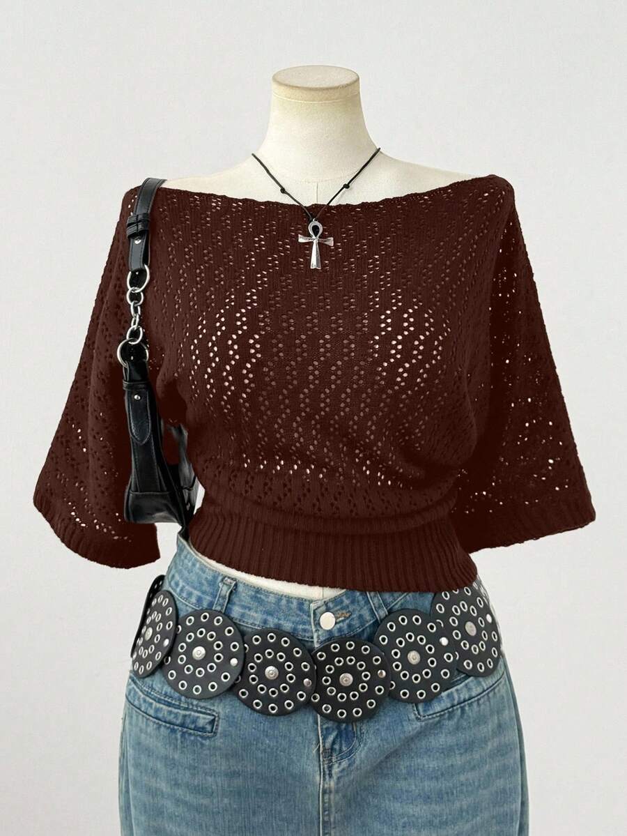 Sunspun 大码女式时尚优雅深色 Y2K 风格短袖针织上衣，适合春夏秋装，适合通勤 - 咖啡棕 - 查看 1