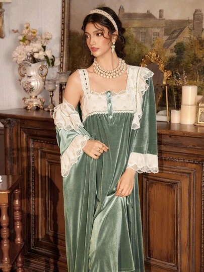  PalaceNights 刺绣复古宫廷风天鹅绒睡袍两件套睡衣套装，女士秋冬服装