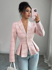 Elenzga Autumn/Winter New Knitted Elastic Chic Fashion Elegant Cinched Waist Design Shoulder Long Sleeve Women Plaid Jacket Fall Cloth For Women - Multicolor - View 4