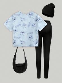 女童休闲可爱卡通蓝色兔子图案字母标语印花短袖T恤和紧身裤两件套 - 彩色 - 查看 3