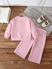 2 件女婴甜美可爱蝴蝶结拼接圆领荷叶边长袖上衣和阔腿裤卫衣套装，舒适休闲，春秋 - 淺粉色 - 查看 2