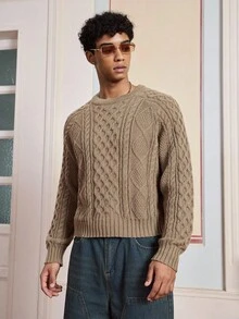 SWAVVY 男士时尚休闲粗线花纹圆领长袖毛衣，秋季，秋冬 - 卡其色 - 查看 5