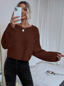 EMERY ROSE Women's Solid Color Round Neck Drop Shoulder Long Sleeve Casual Collegiate Pullover Sweater, Autumn - Rust Brown - View 6