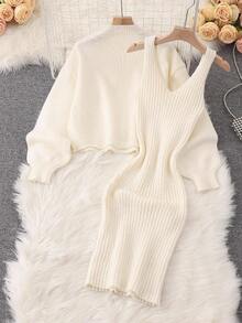 Franclia Bộ 2 váy suông không tay ôm sát màu trơn và áo len dài tay cổ tròn cho nữ - Màu be - Xem 2