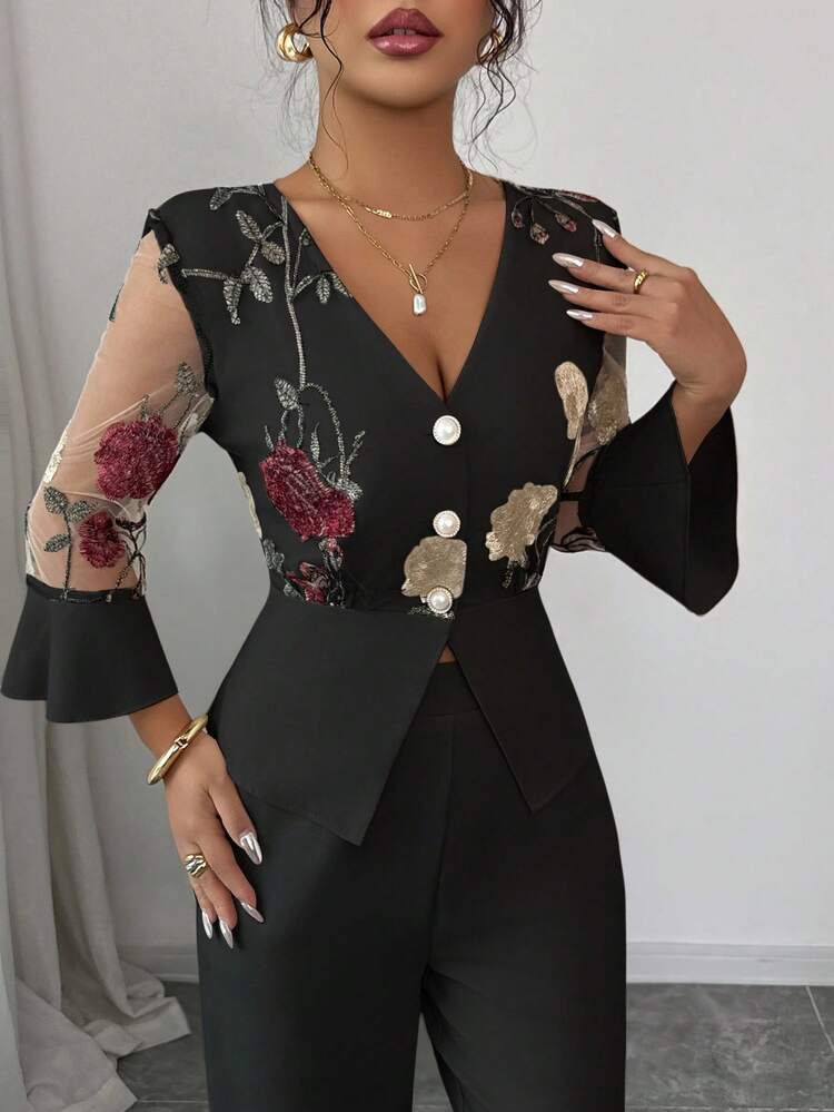 Rafferiza Women's Elegant 2 Pieces Set With Mesh Embroidery