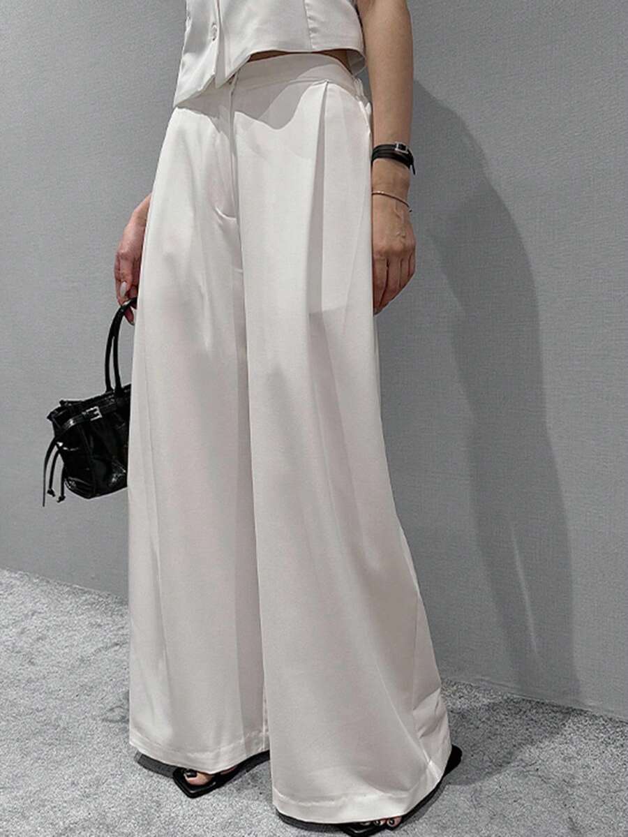 DAZY Women's Solid Color High Waist Pleated Loose Flowy Wide Leg Pants