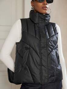 GENKIRA New Fashionable Casual Chic Minimalist Zip-Up Stand Collar Pocket Sleeveless Padded Vest Jacket, Sophisticated Design - Black - View 2