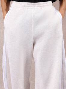 SUMWON 超宽腿运动裤，带侧边带，经典宽松版型，舒适冬季家居服，休闲街头风格，个性裤子 - 杏色 - 查看 6