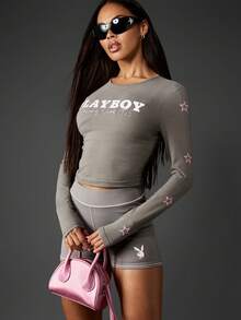 Missguided x Playboy Cotton Racing Club Long Sleeve Crop Top With Star Embellishments Vintage Style Streetwear - Dark Grey - View 1