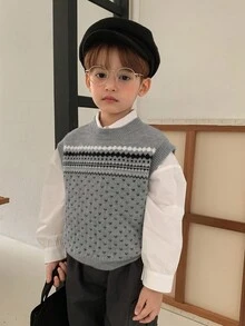 Hapijoa Young Boys Casual Patterned Jacquard Knit Sweater, Japanese Style, Autumn Vest - Grey - View 4