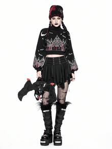 ROMWE Gothic Halloween Castle & Cross Pattern Women's Turtleneck Contrast Color Pullover Sweater - Black - View 2