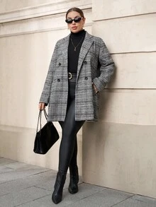 Chikora 大码灰色格子大衣，休闲商务通勤格纹夹克，秋冬季，灰色格子大衣，灰色大衣，秋冬保暖外套，女士长款外套，休闲工作日常穿着，灰色外套，保暖外套，女士冬季服装，女士秋季服装，圣诞节服装，新年服装 - 黑與白 - 查看 5