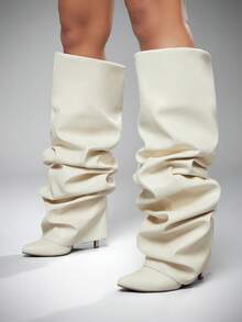 SHUZIA 女士性感尖头翻领过膝高筒周末夜派对秀出热销细高跟靴 - 白色 - 查看 2