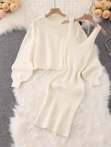 Franclia Bộ 2 váy suông không tay ôm sát màu trơn và áo len dài tay cổ tròn cho nữ - Màu be - Xem 3