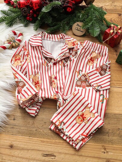 2pcs Baby Boy Christmas Gingerbread House & Tree Print Striped Casual Collared Cardigan & Pants Sleepwear Pajama Set, Autumn/Winter Baby Girl Christmas Outfit Fall