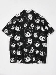 Astro Boy X SHEIN Men's Cartoon Figure Graphic Black Button-Front Short Sleeve Shirt - Black - View 2