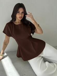 Firerie 女士新款优雅通勤度假复古风毕业季日常百搭杏黄色竹纹面料圆领短袖腰部褶裥X型修身衬衫，适合度假、海滩穿着 - 咖啡棕 - 查看 7