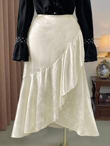 SHEIN Unity Christmas Plus Size Women Asymmetrical Hem Satin Floral Skirt, Elegant For Commuting - Apricot - View 1