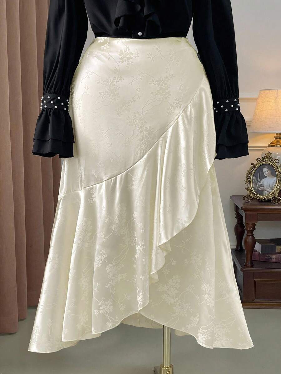 SHEIN Unity Christmas Plus Size Women Asymmetrical Hem Satin Floral Skirt, Elegant For Commuting - Apricot - View 1