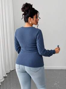 Elenzga 大码女式秋季圆领修身性感镂空针织毛衣，柳叶图案，常规小灯笼袖，蓝色套头衫 - 淺藍色 - 查看 2