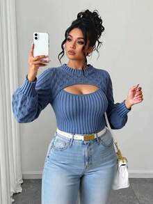 Elenzga 大码女式秋季圆领修身性感镂空针织毛衣，柳叶图案，常规小灯笼袖，蓝色套头衫 - 淺藍色 - 查看 4