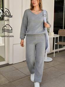 EURMUSE Women Sweater With Round Detail Elegant Style Two Piece Lounge Set Knit Two Piece Set Two Piece Set Women Comfortable Two Piece Set Loungewear,Petite,Winter Clothes - Light Grey - View 1