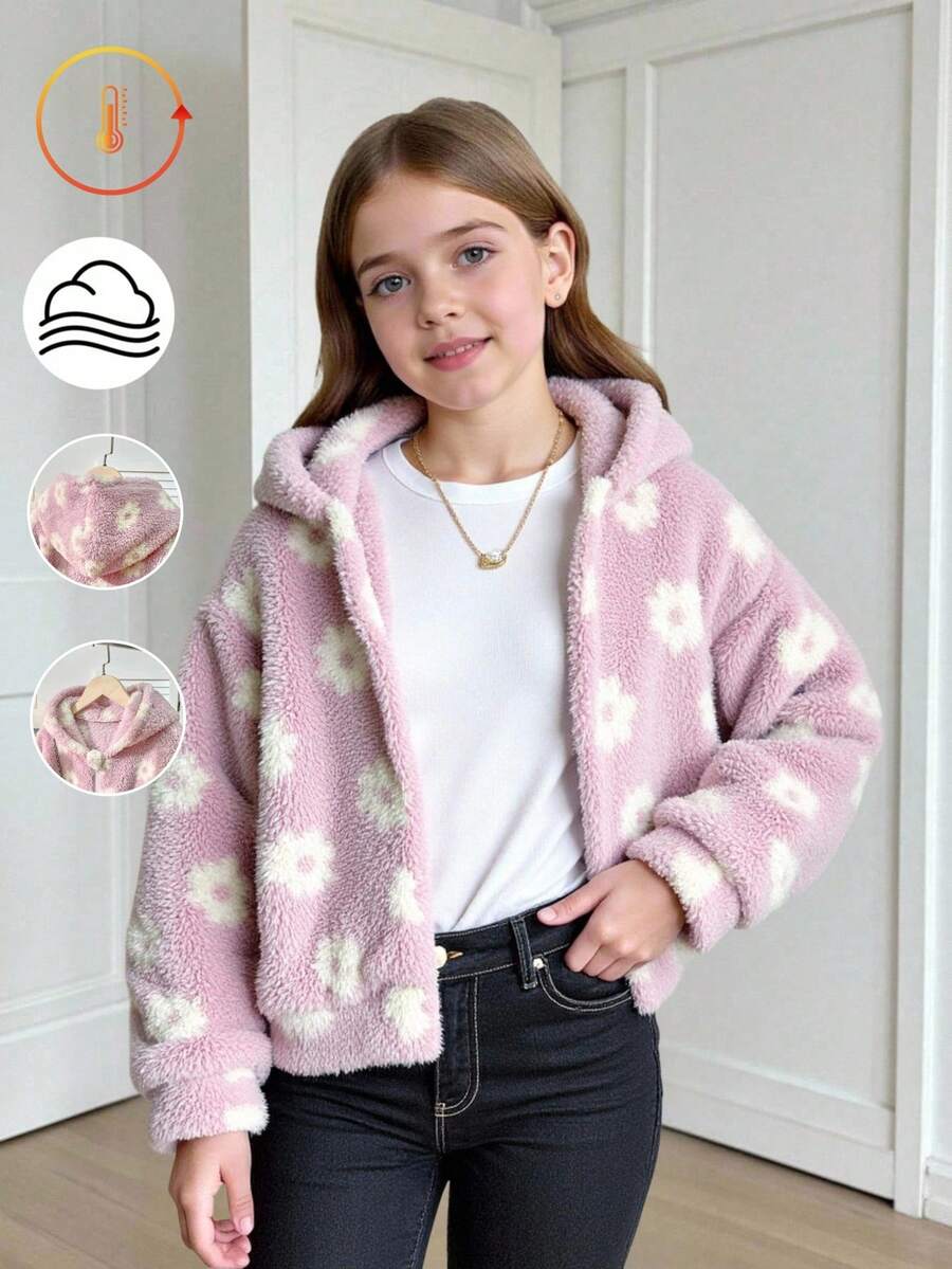 Sparklyn Girls Casual Furry Hooded Jacket With Zipper, Suitable For Outerwear - Pink - View 1